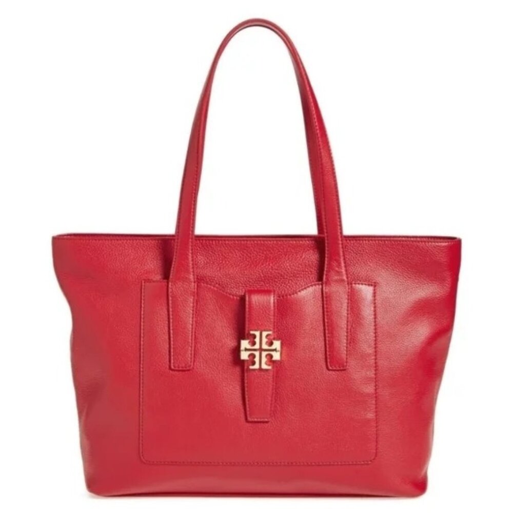 Tory Burch Plaque Large Pebbled Leather Tote in Kir Royale